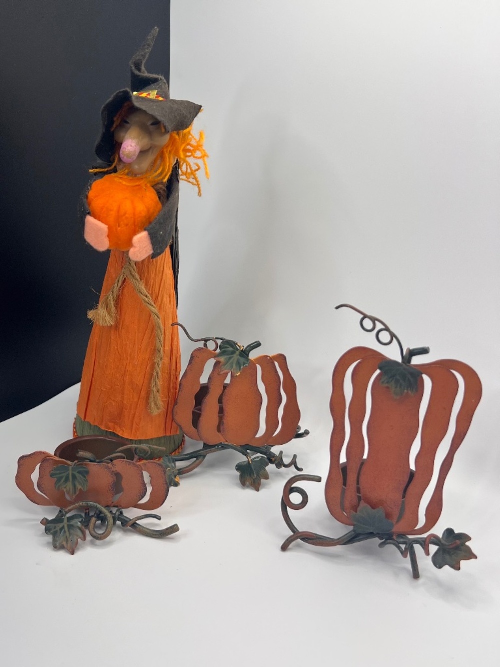 Metal Home Interior Pumpkin Tealight Votive holders. VGT Crepe Paper Witch.